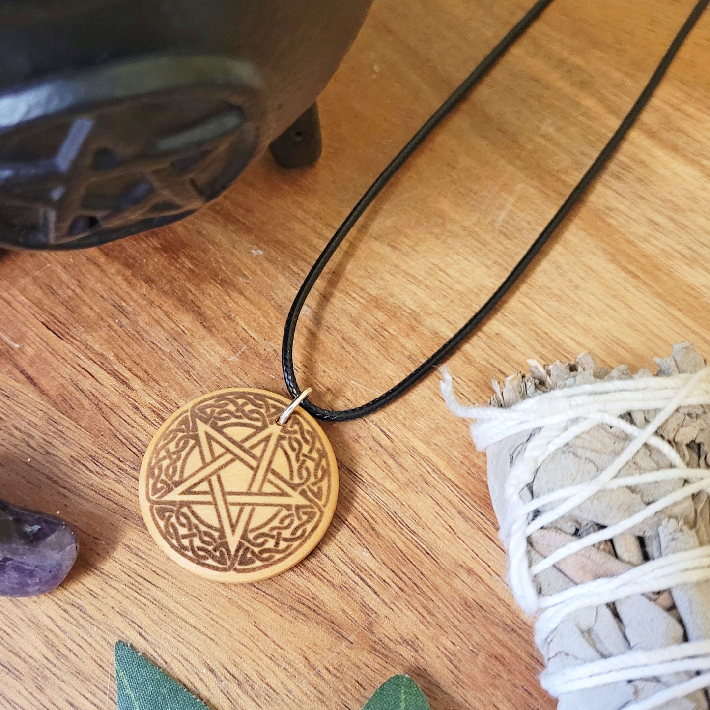 Pentacle Pendant Necklace on Black Cord, Pagan Jewellery for Wiccan, Witch or Druid