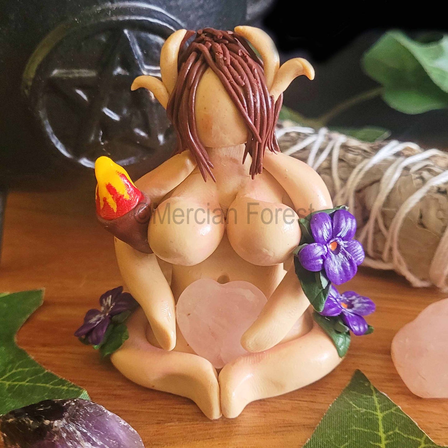 Elen of The Ways Sitting Goddess Figurine with Violet Flowers