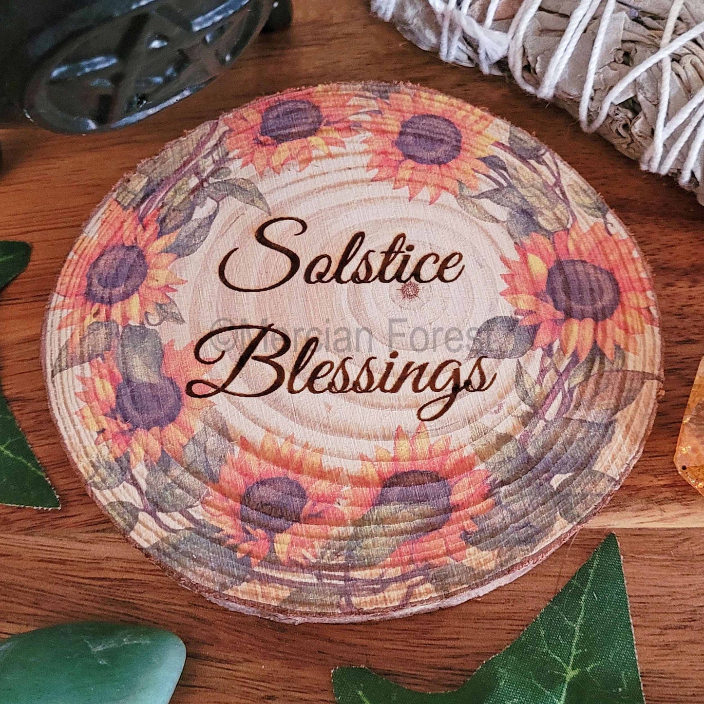 Solstice Blessings altar tile with sunflowers
