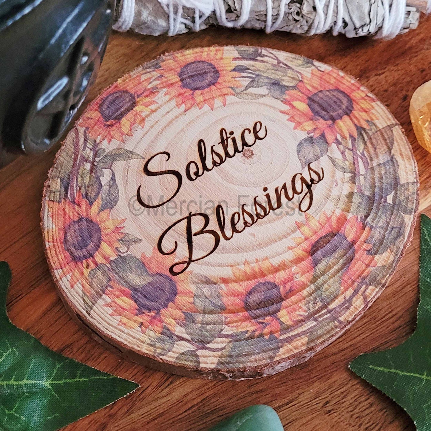 Solstice Blessings altar tile with sunflowers
