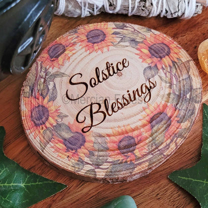Solstice Blessings altar tile with sunflowers