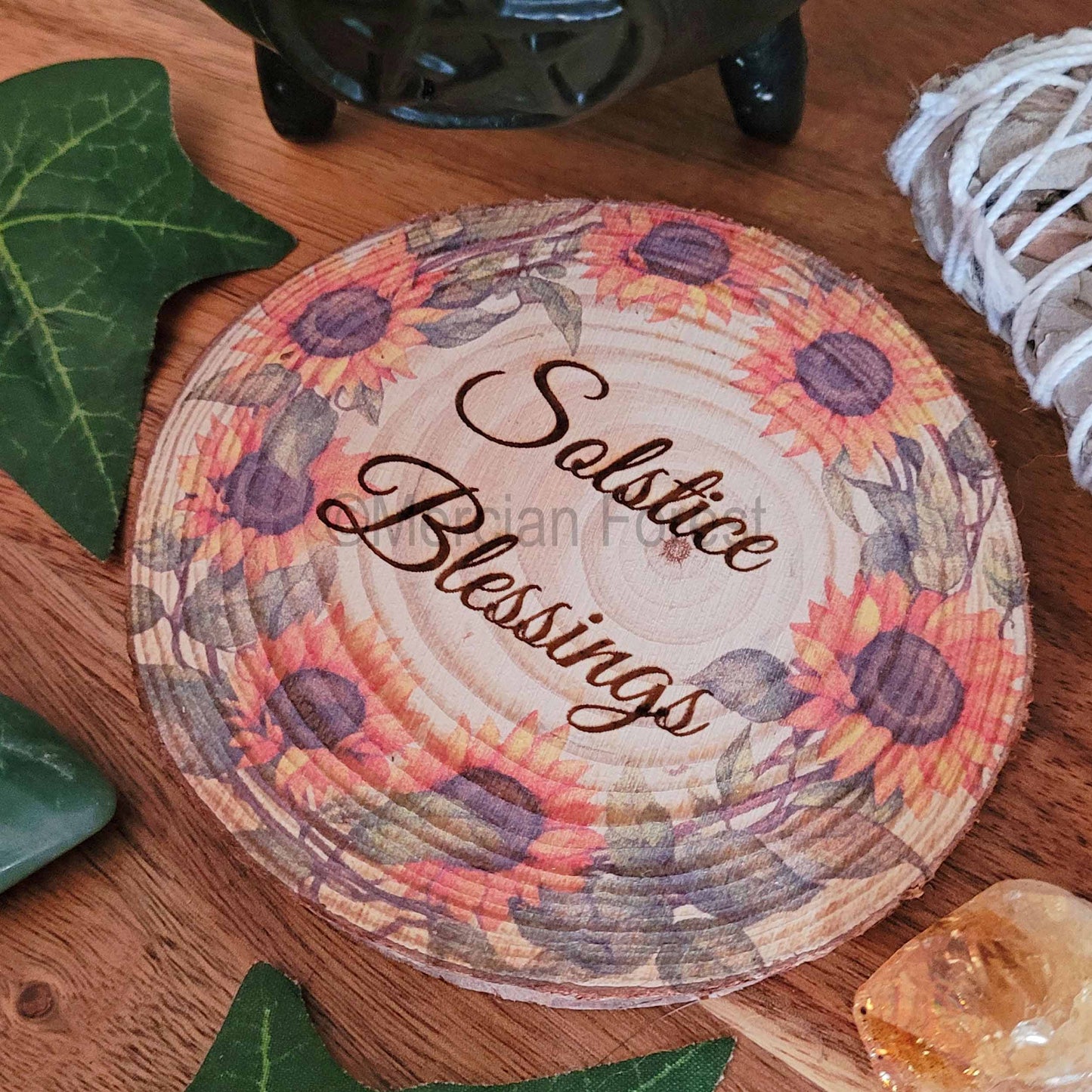 Solstice Blessings altar tile with sunflowers