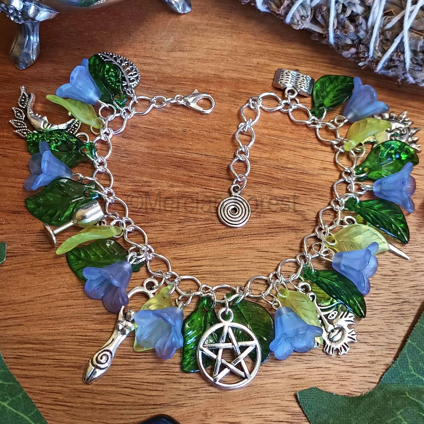 Wiccan Witch Charm Bracelet with Bluebells