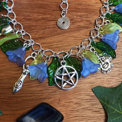 Wiccan Witch Charm Bracelet with Bluebells