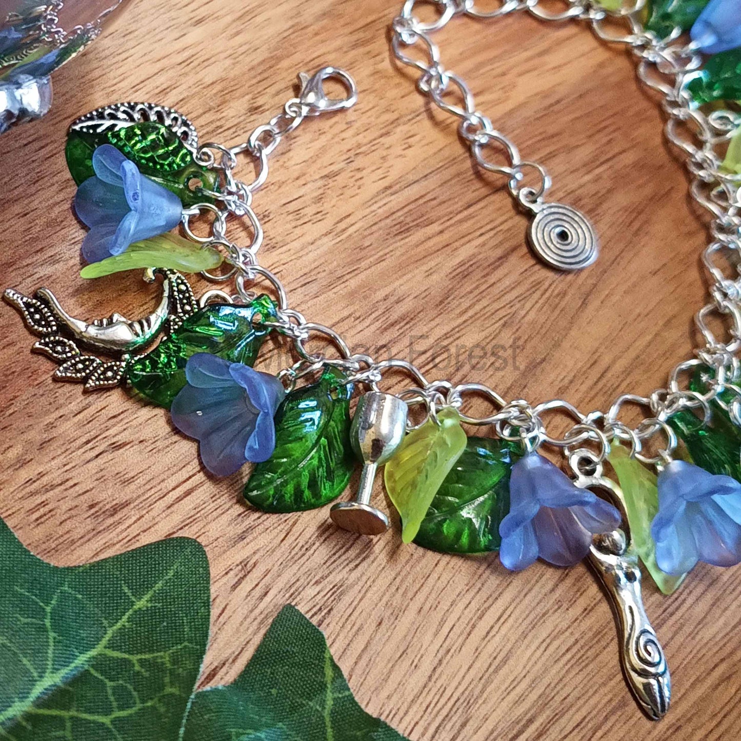 Wiccan Witch Charm Bracelet with Bluebells