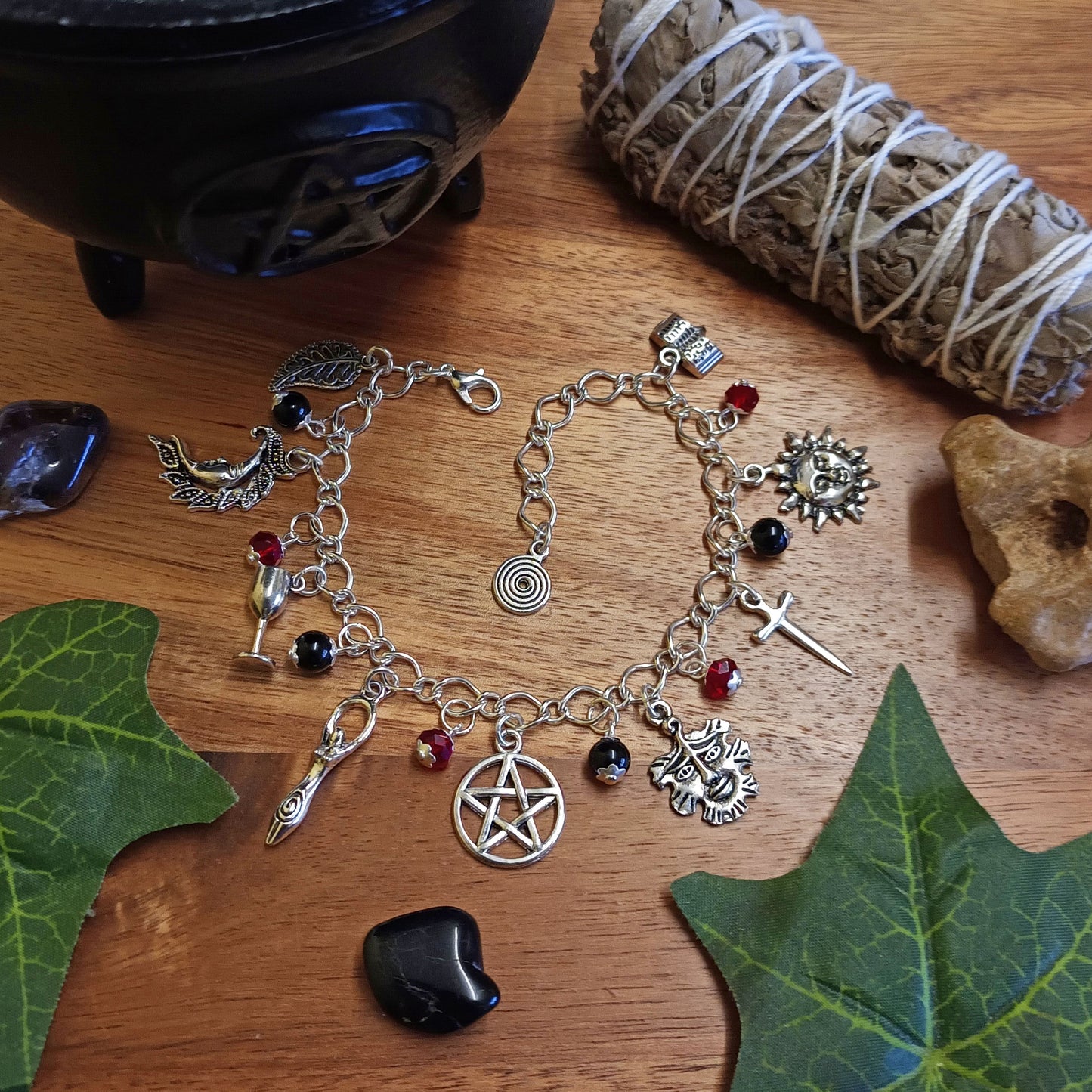 Wiccan Witch Charm Bracelet in Gothic Tones