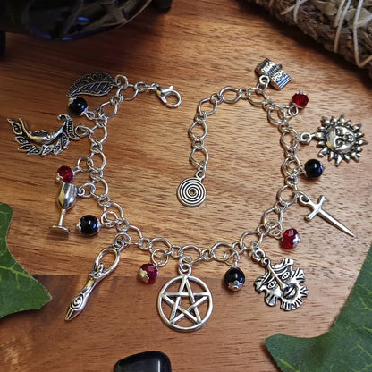 Wiccan Witch Charm Bracelet in Gothic Tones