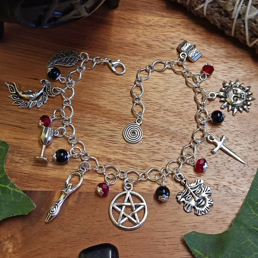 Wiccan Witch Charm Bracelet in Gothic Tones