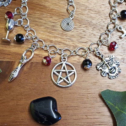 Wiccan Witch Charm Bracelet in Gothic Tones