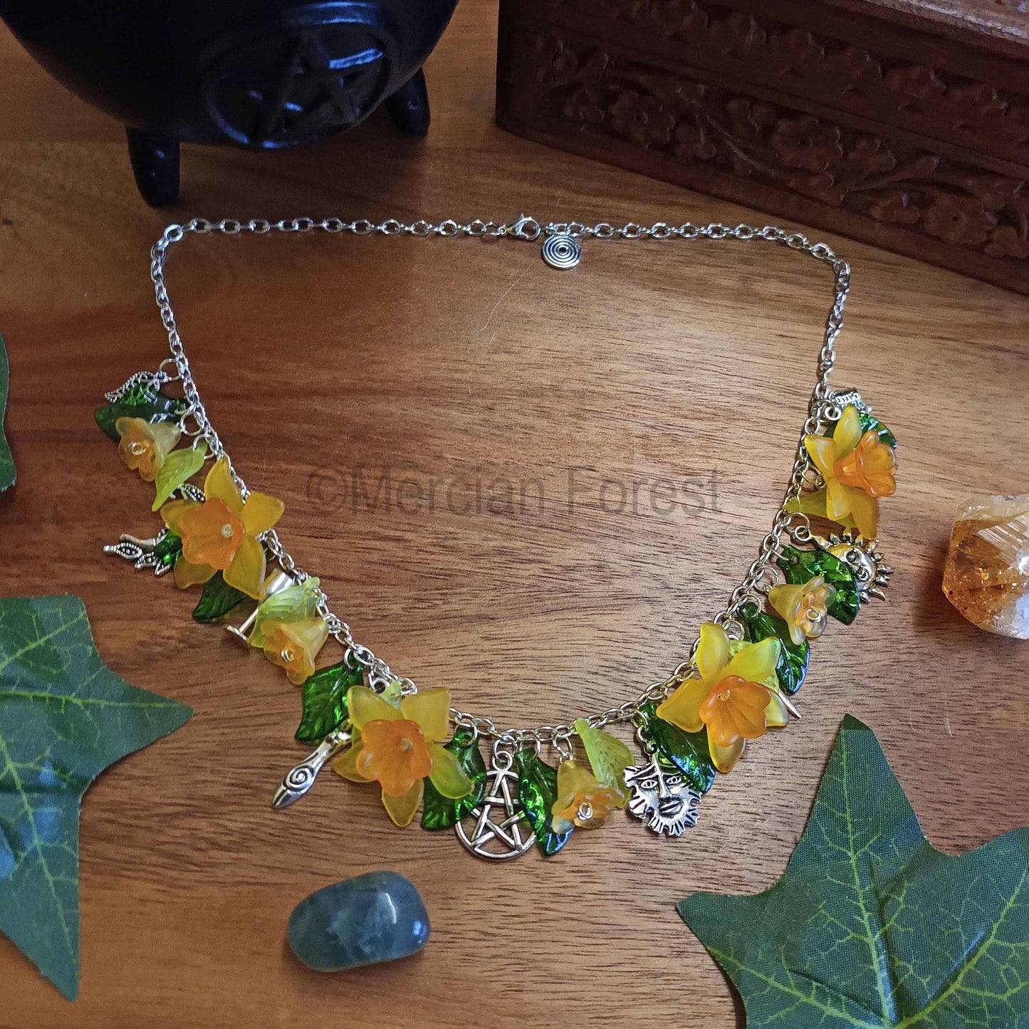 Wiccan Charm Necklace with Daffodils