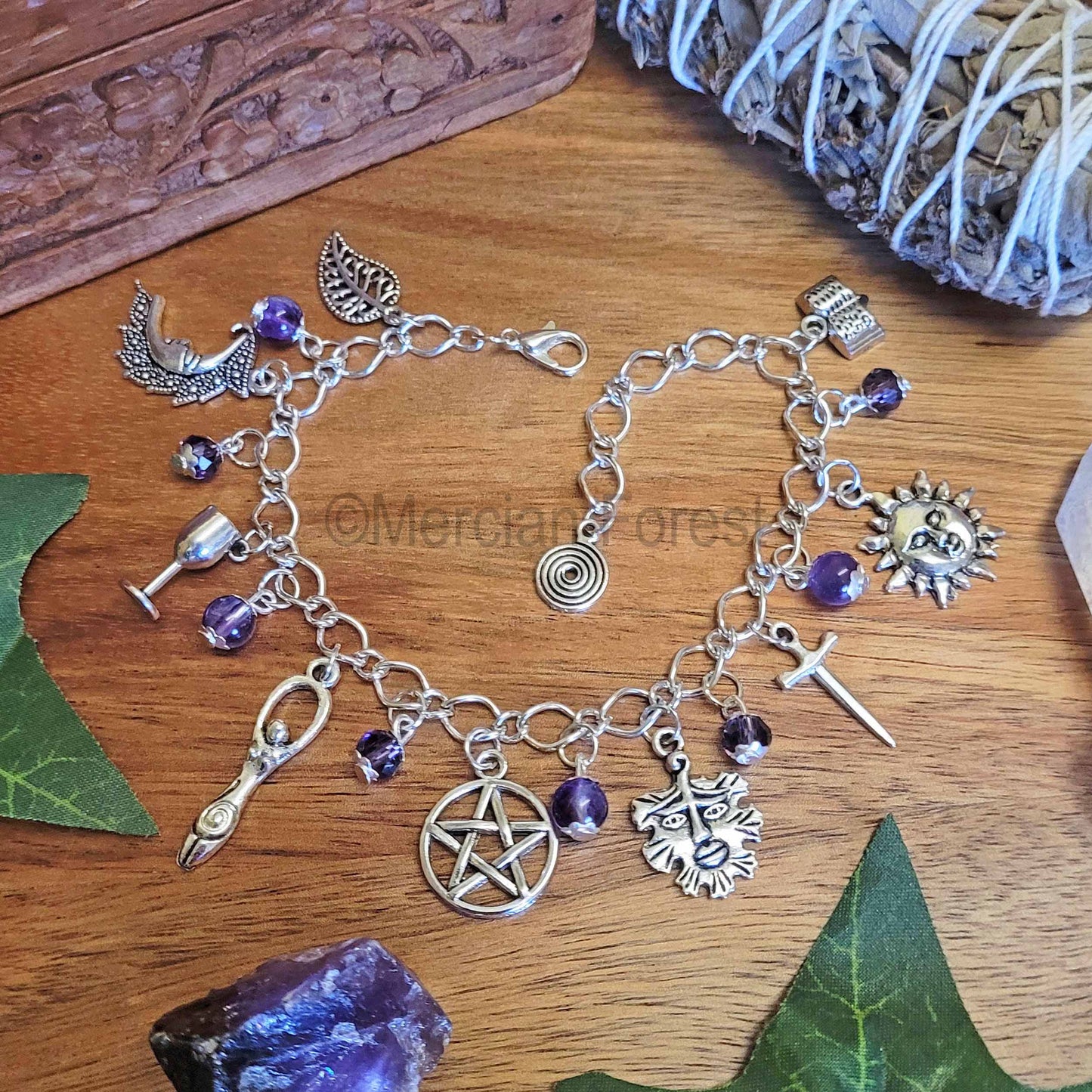 Wiccan Charm Bracelet with Amethyst and Purple Glass Crystals