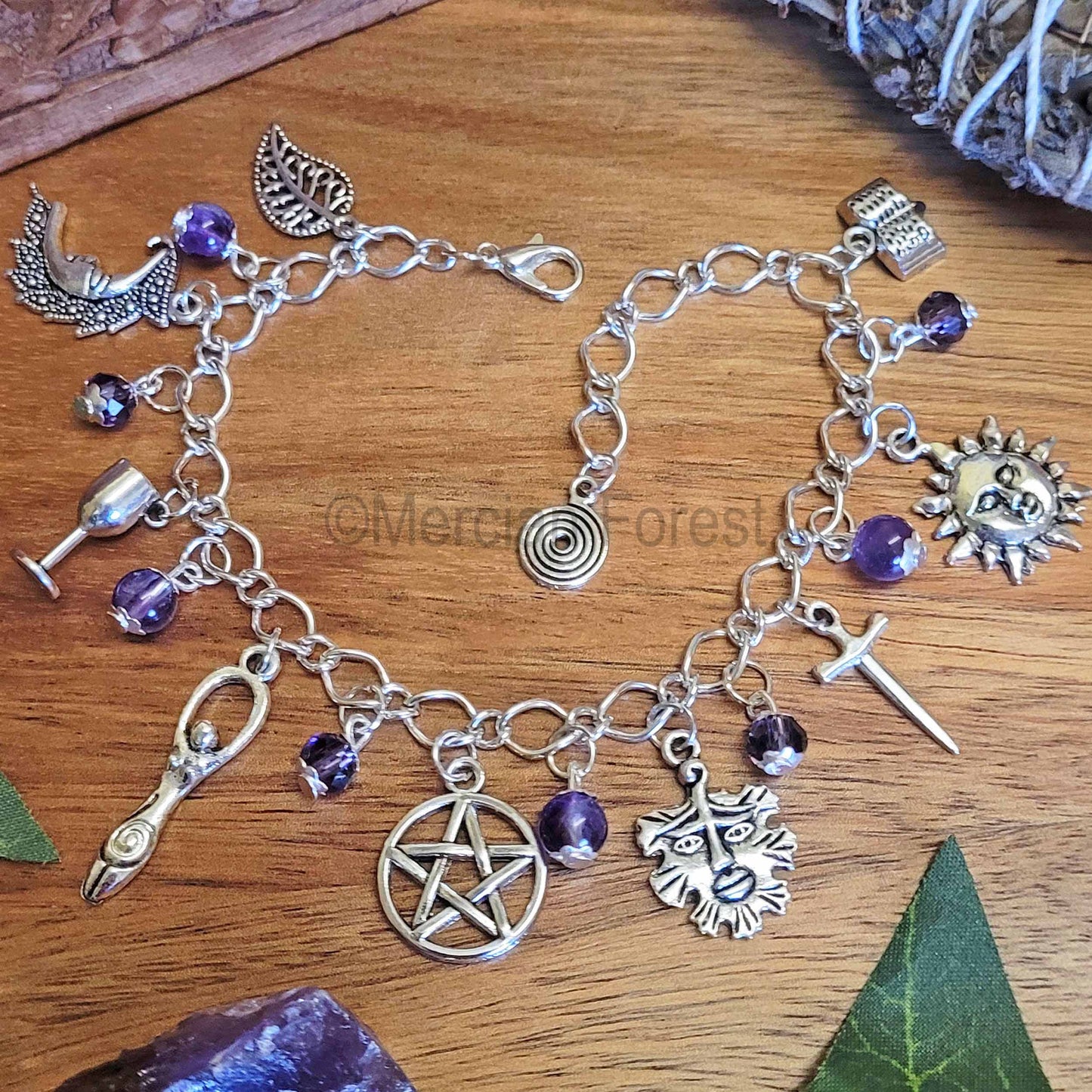 Wiccan Charm Bracelet with Amethyst and Purple Glass Crystals