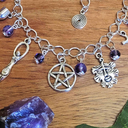 Wiccan Charm Bracelet with Amethyst and Purple Glass Crystals