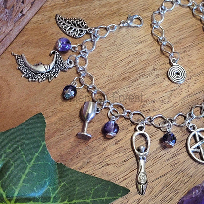 Wiccan Charm Bracelet with Amethyst and Purple Glass Crystals