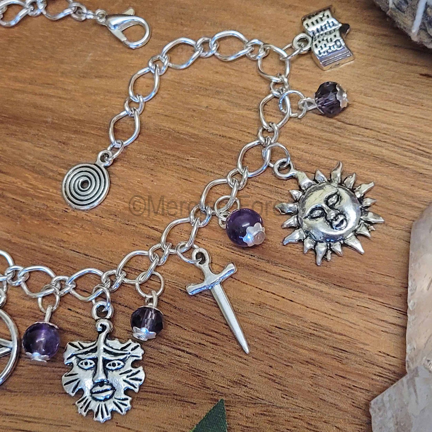 Wiccan Charm Bracelet with Amethyst and Purple Glass Crystals