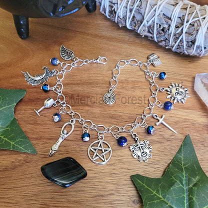 Wiccan Charm Bracelet with Lapis Lazuli and Blue Glass Crystals