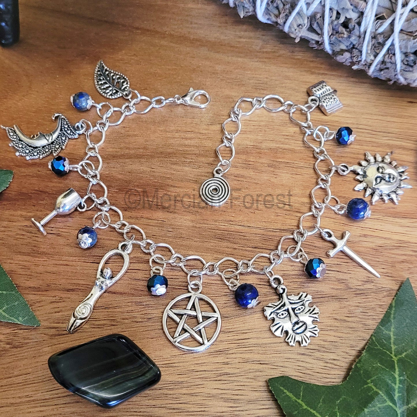 Wiccan Charm Bracelet with Lapis Lazuli and Blue Glass Crystals