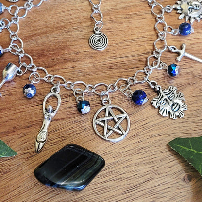 Wiccan Charm Bracelet with Lapis Lazuli and Blue Glass Crystals