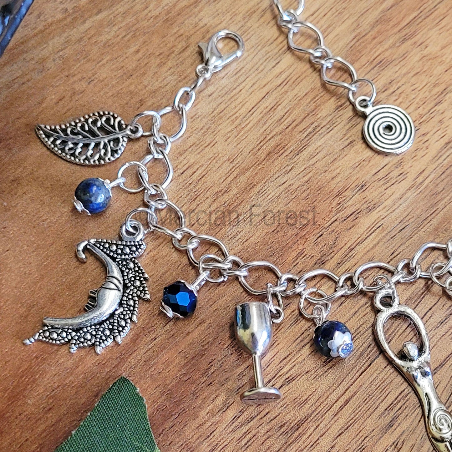 Wiccan Charm Bracelet with Lapis Lazuli and Blue Glass Crystals