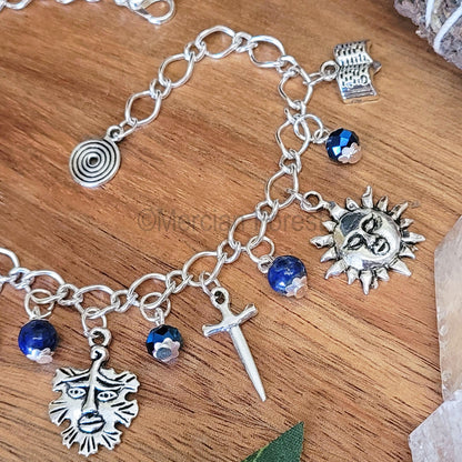 Wiccan Charm Bracelet with Lapis Lazuli and Blue Glass Crystals