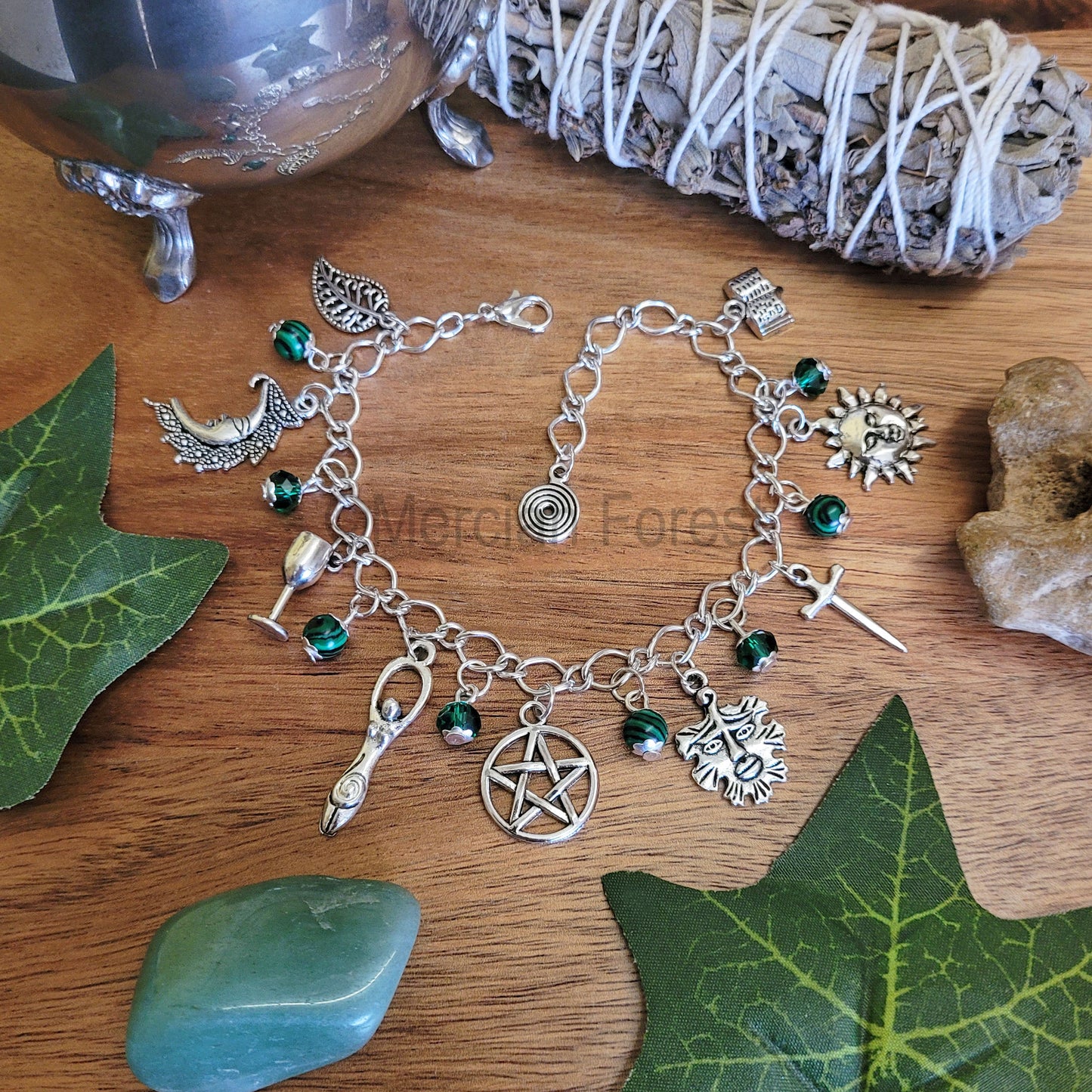 Wiccan Charm Bracelet with Malachite and Green Glass Crystals