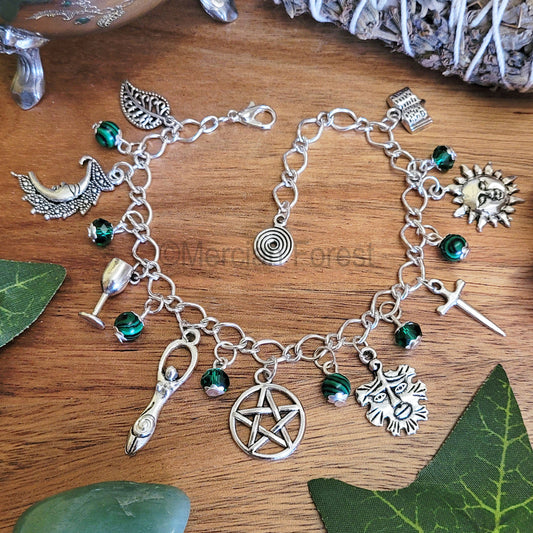 Wiccan Charm Bracelet with Malachite and Green Glass Crystals