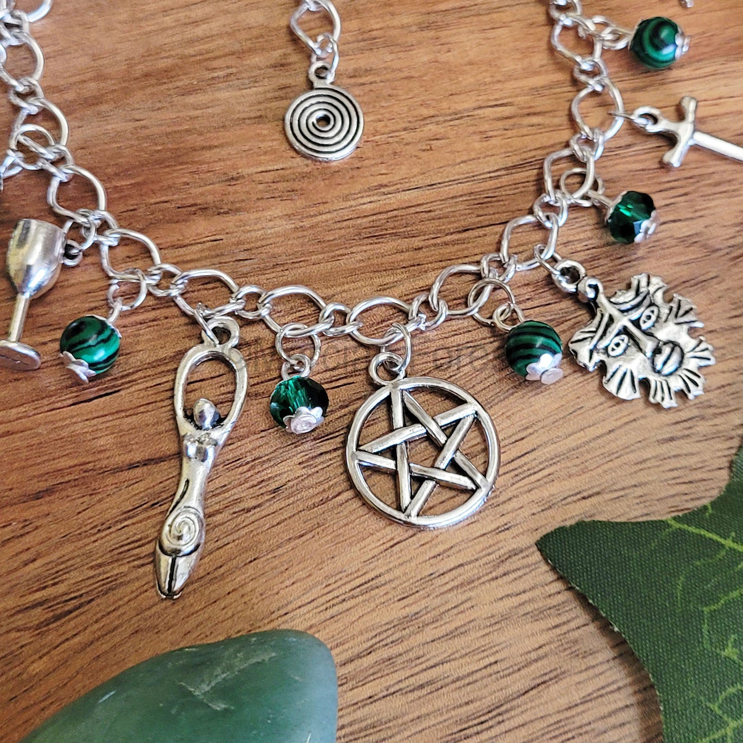 Wiccan Charm Bracelet with Malachite and Green Glass Crystals