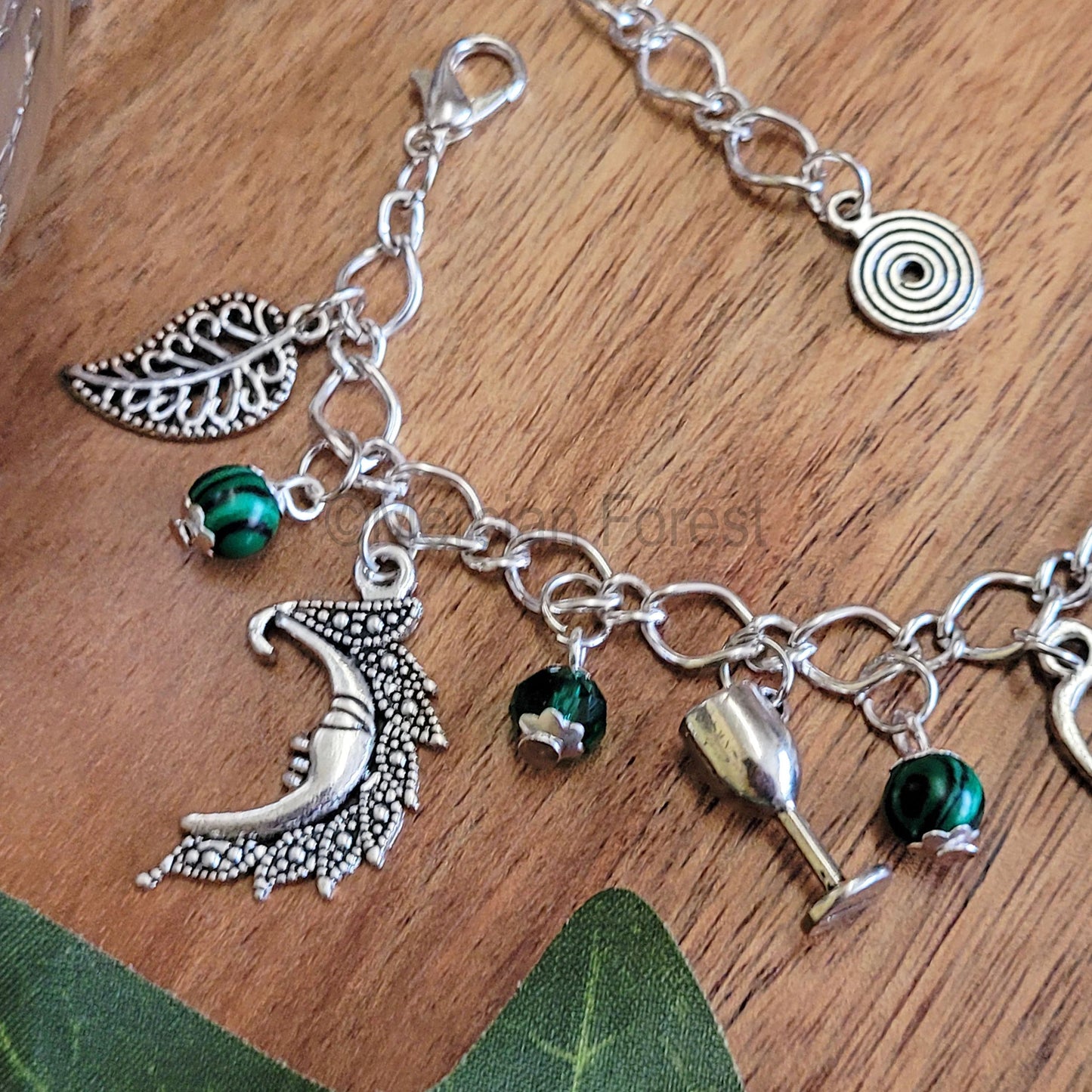 Wiccan Charm Bracelet with Malachite and Green Glass Crystals