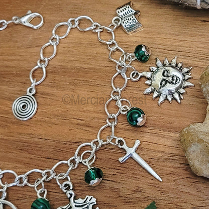 Wiccan Charm Bracelet with Malachite and Green Glass Crystals