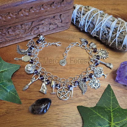 Witches Charm Bracelet, Darkling, with Purple and Black Glass Crystal Beads