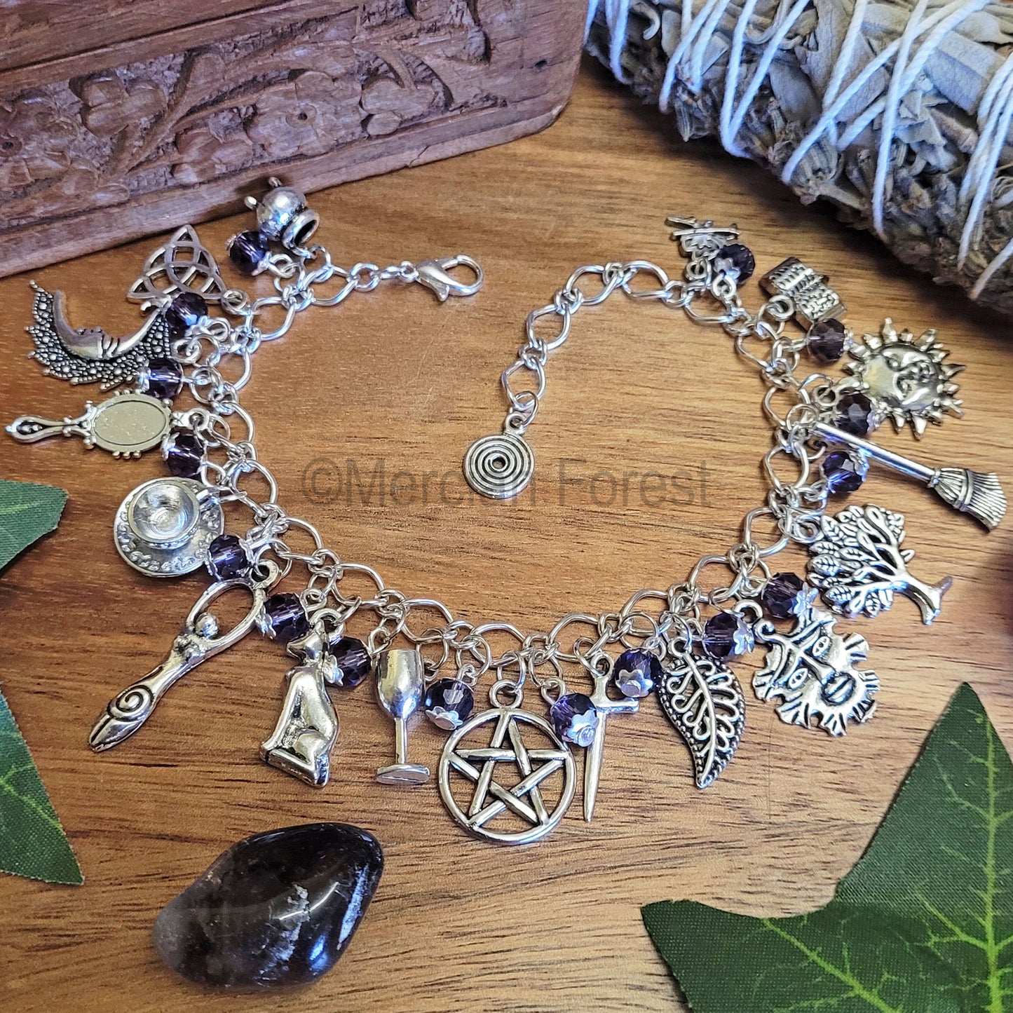 Witches Charm Bracelet, Darkling, with Purple and Black Glass Crystal Beads