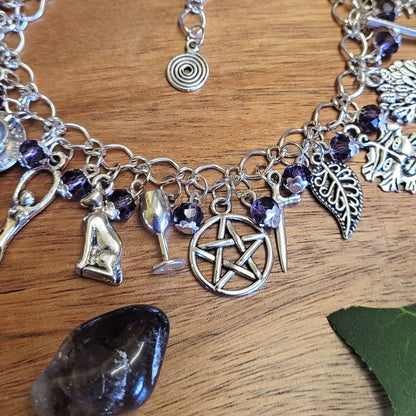 Witches Charm Bracelet, Darkling, with Purple and Black Glass Crystal Beads