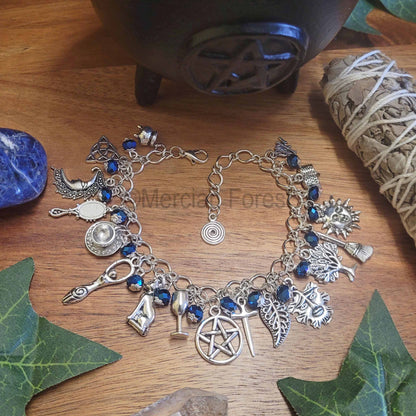 Witches Charm Bracelet, Midnight Rite, with Blue Glass Crystals