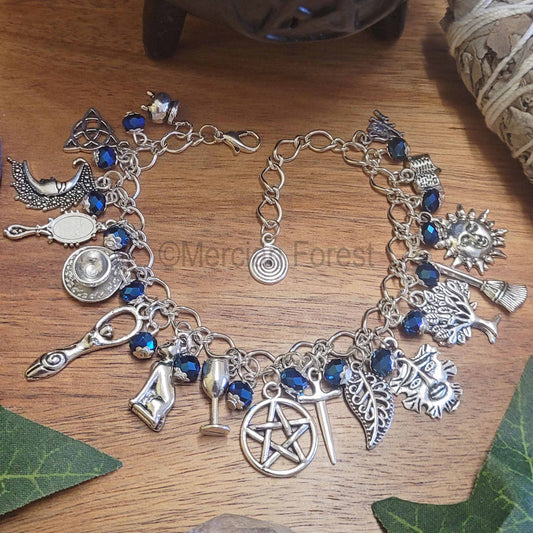 Witches Charm Bracelet, Midnight Rite, with Blue Glass Crystals