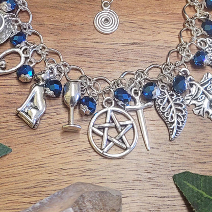 Witches Charm Bracelet, Midnight Rite, with Blue Glass Crystals