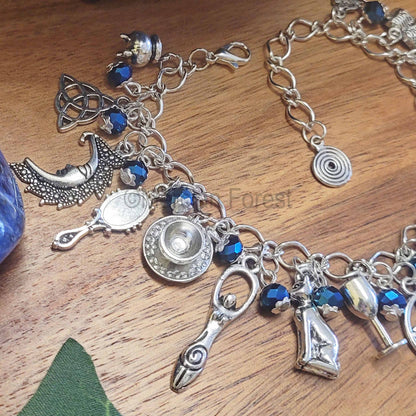 Witches Charm Bracelet, Midnight Rite, with Blue Glass Crystals