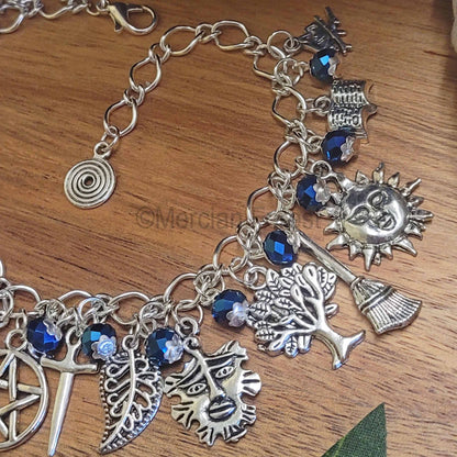 Witches Charm Bracelet, Midnight Rite, with Blue Glass Crystals