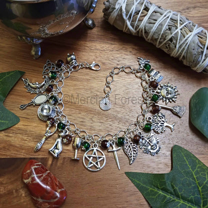 Witches Charm Bracelet, Verdant Earth, with Green and Brown Glass Beads