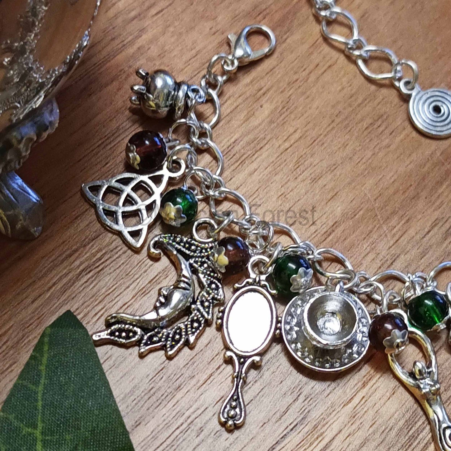 Witches Charm Bracelet, Verdant Earth, with Green and Brown Glass Beads