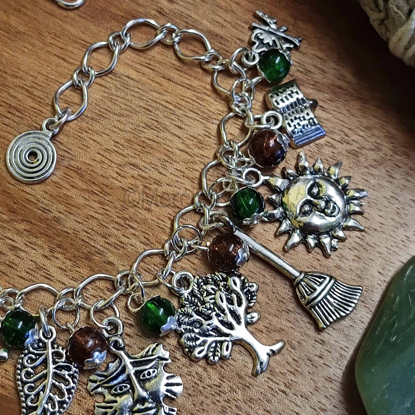 Witches Charm Bracelet, Verdant Earth, with Green and Brown Glass Beads