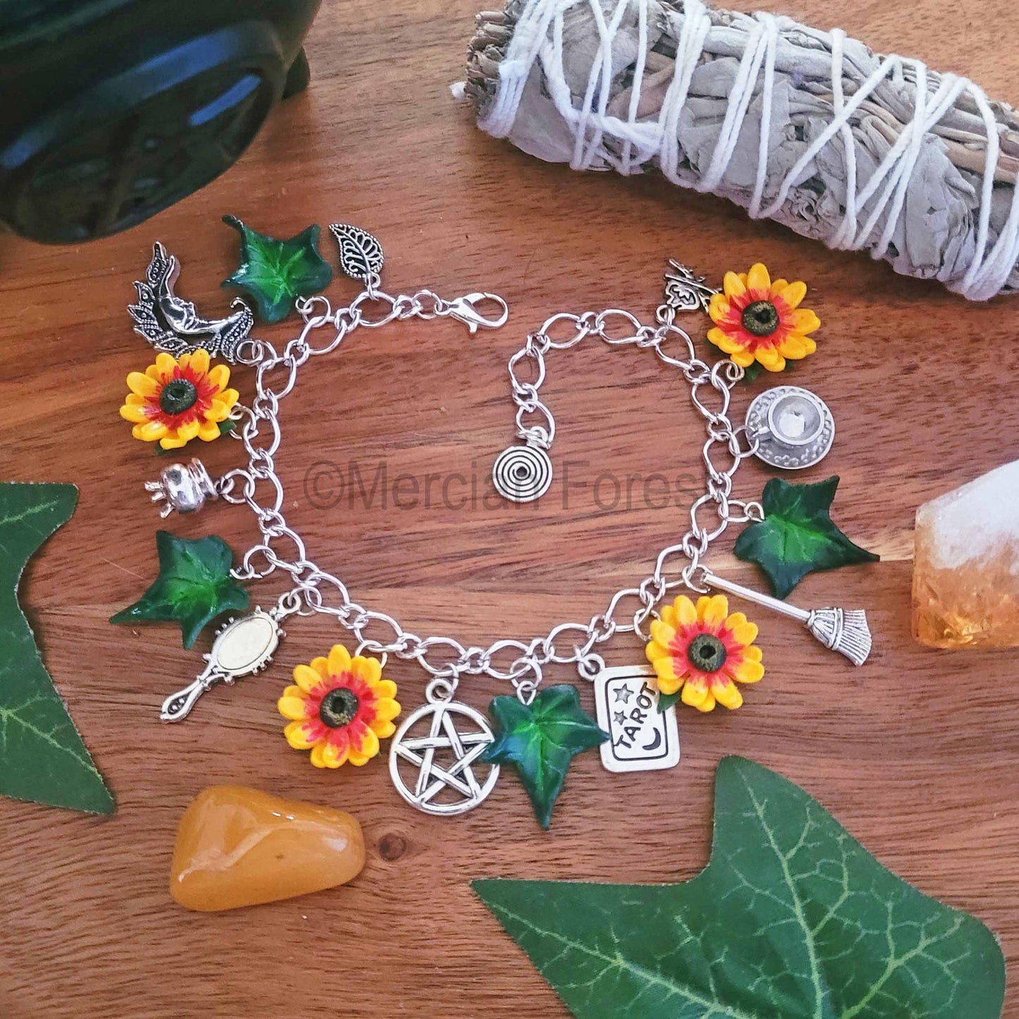 Litha Witches Charm Bracelet with Sunflowers