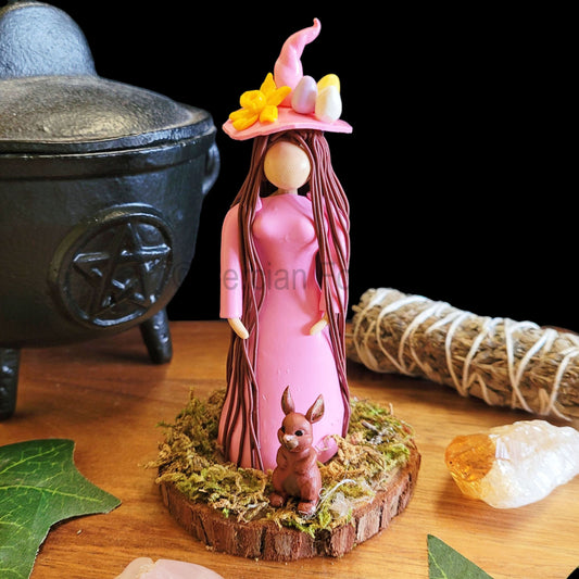 Ostara Eostre little Witch and Hare Statuette Pink