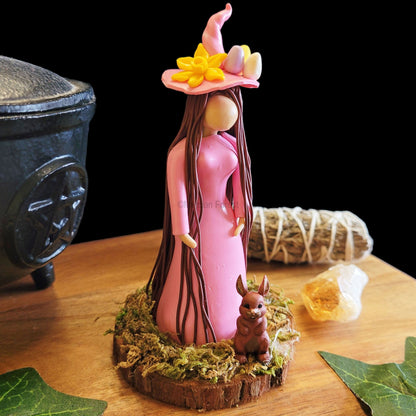 Ostara Eostre little Witch and Hare Statuette Pink