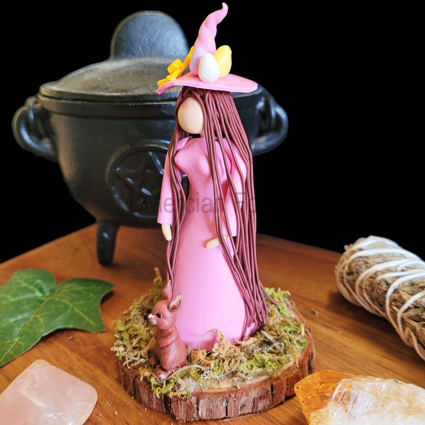 Ostara Eostre little Witch and Hare Statuette Pink