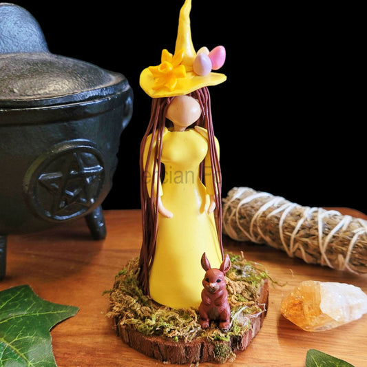 Ostara Eostre little Witch and Hare Statuette Yellow