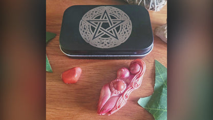 Pentacle engraved tin with Tranquillity Goddess