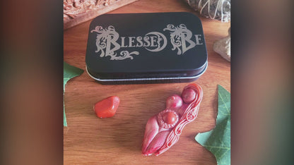 Blessed Be engraved tin with Tranquillity Altar Goddess